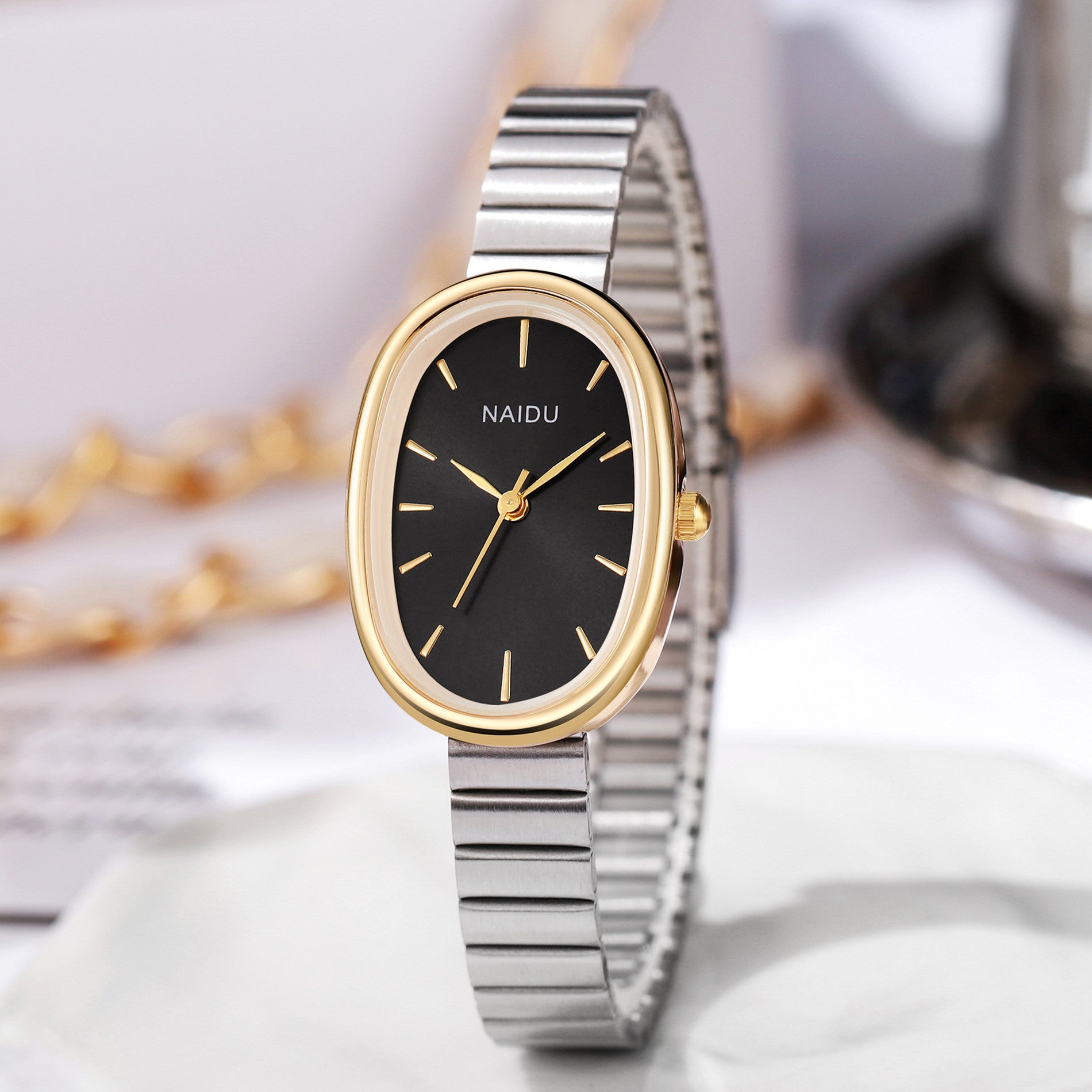 Girl's Watch with Bamboo Link Bracelet – Small Oval Watch