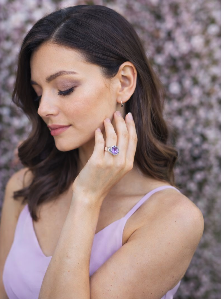Oval Zirconia Ring Purple Stone | Elegant Women's Ring with Sparkling Stones