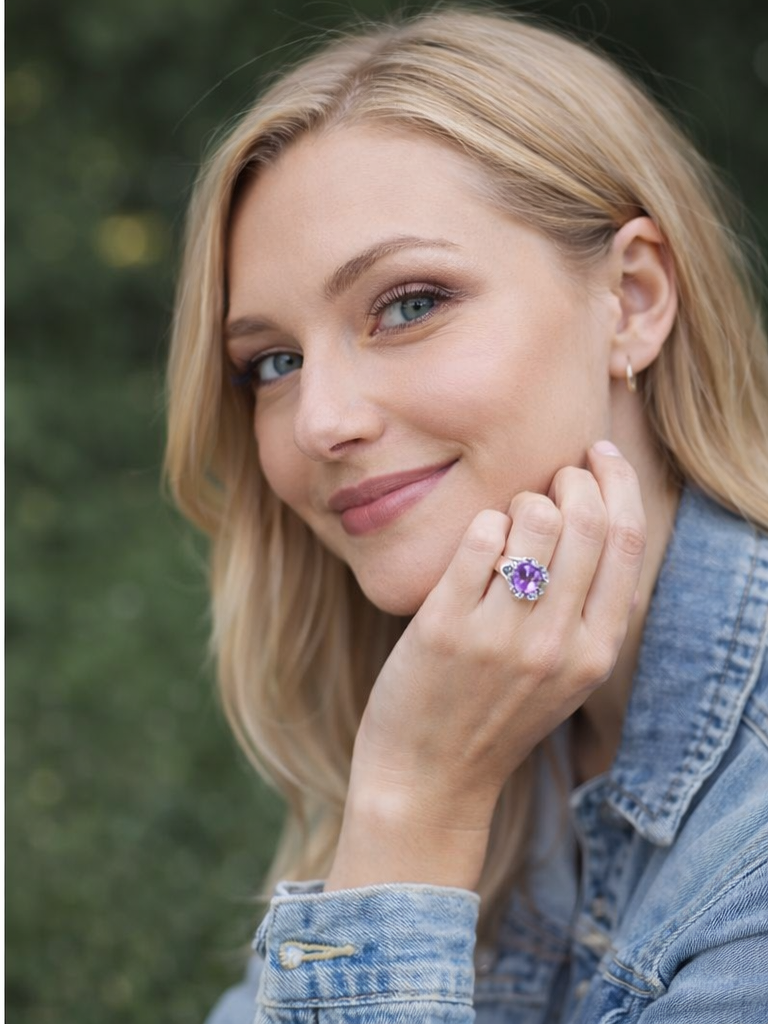 Oval Zirconia Ring Purple Stone | Elegant Women's Ring with Sparkling Stones